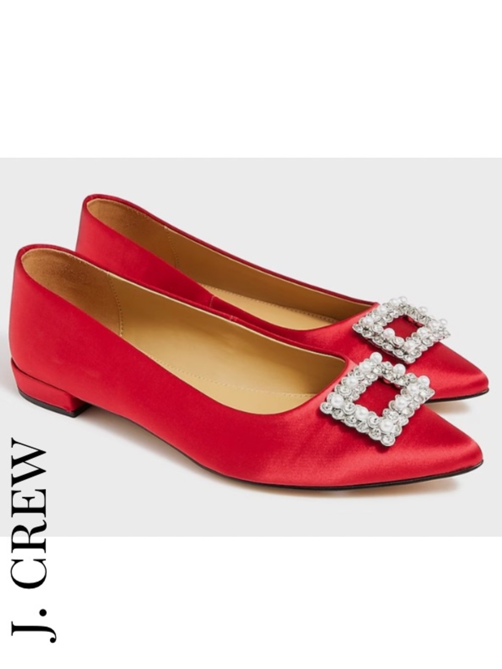 J. Crew Women’s Red Satin Pointed Toe Flats with Crystal Buckle Size 7.5